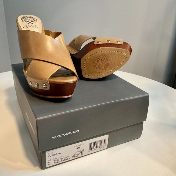 Vince Cumto, Elora Platform, Tan Leather Peep Toe, Studded Heels - Picture 2 of 7